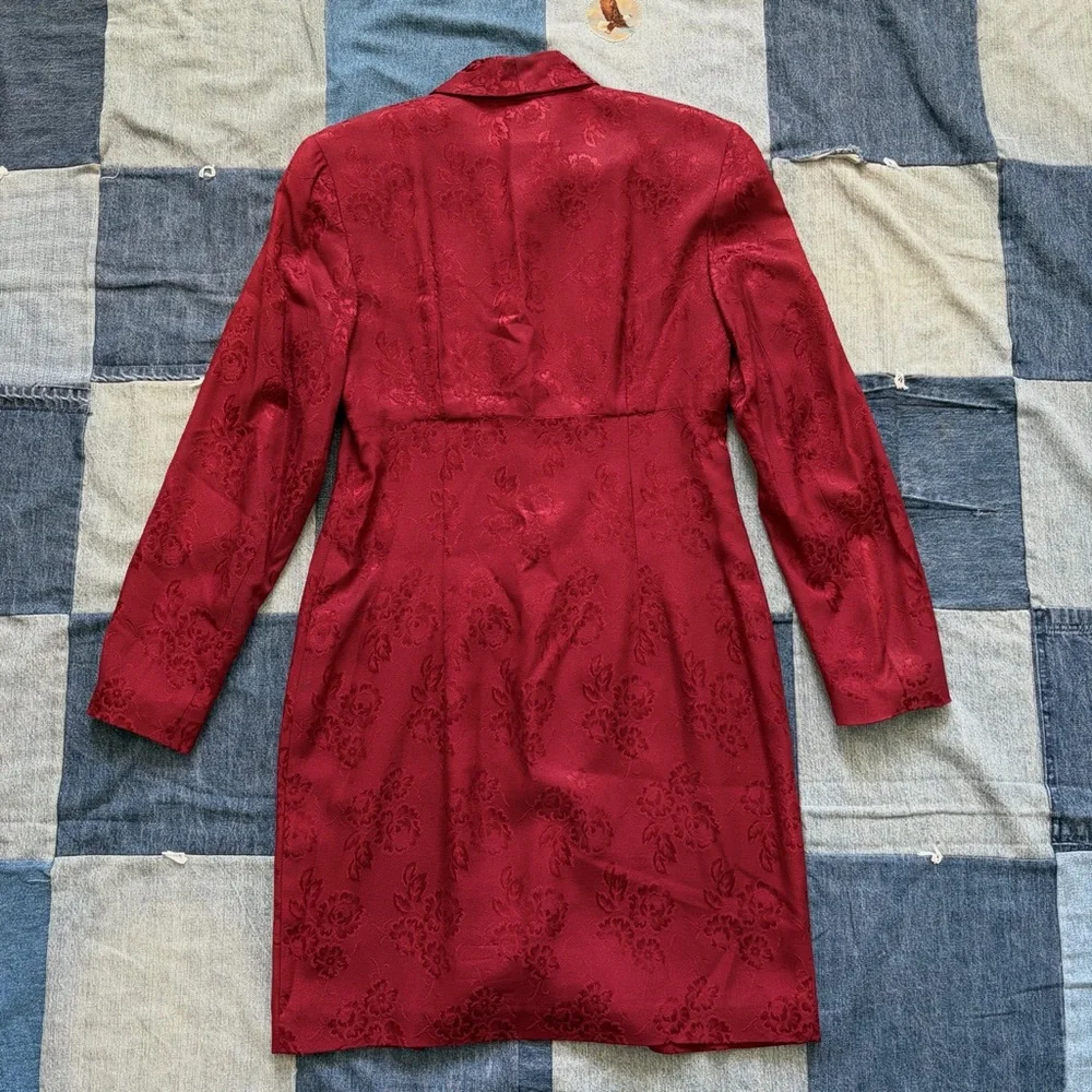 Moda International VTG 90s burgundy red floral long duster blazer size 8 - Picture 3 of 14